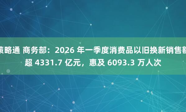 策略通 商务部：2026 年一季度消费品以旧换新销售额超 4331.7 亿元，惠及 6093.3 万人次
