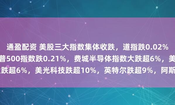 通盈配资 美股三大指数集体收跌，道指跌0.02%，纳指跌0.66%，标普500指数跌0.21%，费城半导体指数大跌超6%，美光科技跌超10%，英特尔跌超9%，阿斯麦、AMD跌超7%